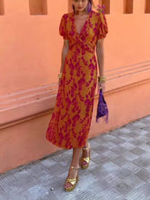 Load image into Gallery viewer, Women's Ruched Maxi Dress – V-Neck Short Sleeve, Form-Fitting Printed Elegant
