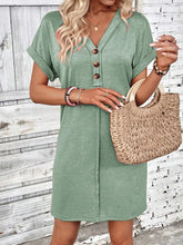 Load image into Gallery viewer, Elegant Button V-Neck Short Sleeve Dress Flattering Casual &amp; Office Wear Simple Dress
