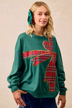 Load image into Gallery viewer, BiBi Plaid Ribbon Bow Detail Christmas Fleece Pullover
