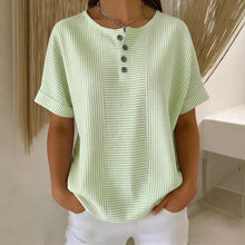 Load image into Gallery viewer, Women's Striped T-Shirt – V-Neck, Button Detail, Loose Fit
