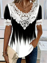 Load image into Gallery viewer, Women's Lace Patchwork Crew Neck Short Sleeve T-Shirt
