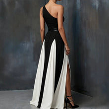 Load image into Gallery viewer, Black &amp; White Single Shoulder Maxi Dress – Color Block Split Strap Long Dress
