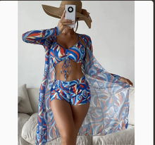 Load image into Gallery viewer, Mesh Cover-Up Three-Piece Swimwear Set – Bikini with Leg-Length Briefs
