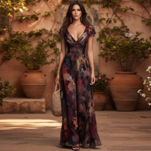 Load image into Gallery viewer, Women's Deep V-Neck Painted Print Chiffon Maxi Dress | Fitted Waist Flowy A-Line Dress
