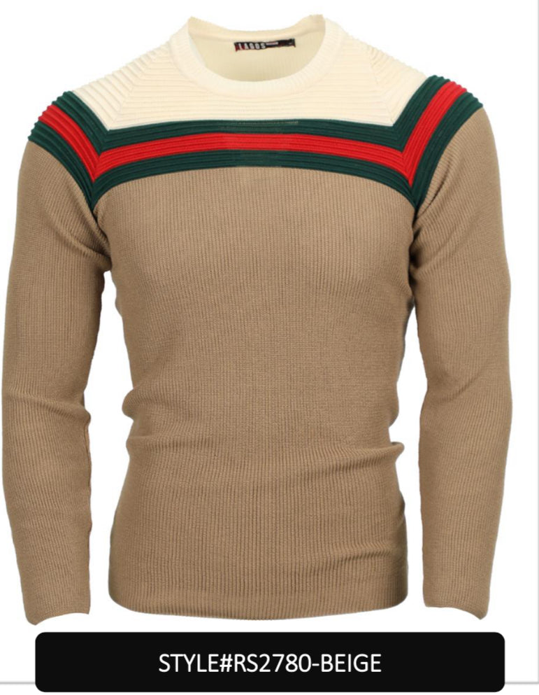 Lagos Red Men's Slim Fit Khaki Ribbed Sweater | Red and Green Stripe