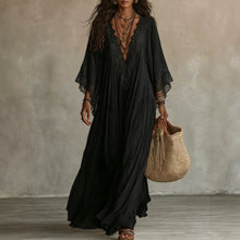 Load image into Gallery viewer, Women's Deep V-Neck Lace Trim Flared Sleeve Boho Maxi Dress
