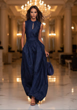 Load image into Gallery viewer, Women's Navy Blue Striped Sleeveless Wide-Leg Jumpsuit — High-Waist French Style

