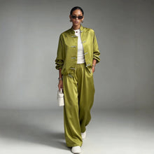 Load image into Gallery viewer, Women's Satin Two-Piece Set — Frog Button Jacket &amp; Wide Leg Pants
