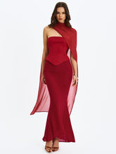 Load image into Gallery viewer, Giselle Crimson Peplum Mermaid Gown with Chiffon Scarf
