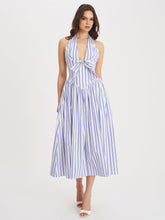 Load image into Gallery viewer, Mackenna Navy Stripe Halter Smock Back Maxi Dress
