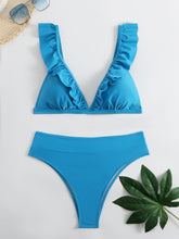 Load image into Gallery viewer, V-neck Ruffled High-waist Bikini Sets Swimsuit Womens Ruffle Flounce Triangle Bathing Suits Cute Two Piece Swimsuits Women Solid Brown Two Pieces Swimwear New Beach Bathing Suits
