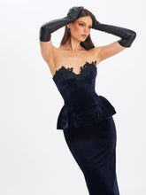 Load image into Gallery viewer, Pascha Black Lace Appliqué Strapless Peplum Midi Dress
