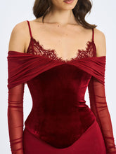 Load image into Gallery viewer, Maybelle Magenta Bardot Lace Strap Peplum Maxi Dress
