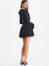 Load image into Gallery viewer, Omari Black Chiffon Polka Dot Ruffled Neckline Mini Dress
