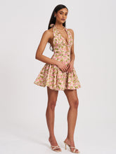 Load image into Gallery viewer, Mackenzie Green and Pink Floral Print Halter Linen Mini Dress
