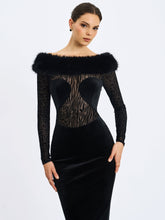 Load image into Gallery viewer, Alexis Black Velvet Animal Print Fur Boatneck Maxi Dress
