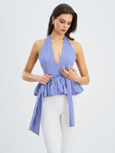 Load image into Gallery viewer, Ilene Blue and White Checkered Bubble Hem Halter Top
