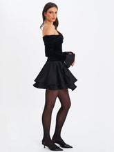 Load image into Gallery viewer, Magnolia Black Off-Shoulder Layered Satin Mini Dress
