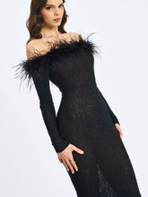 Load image into Gallery viewer, Emberly Black Fur Trimmed Off-Shoulder Rhinestone Mermaid Maxi Dress
