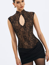 Load image into Gallery viewer, Valerie Black Lace Teardrop Neckline Ruched Mini Dress
