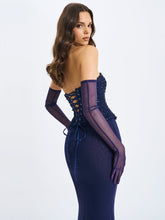 Load image into Gallery viewer, Orabelle Navy Beaded Peplum Mermaid Maxi Gown with Lace-up Back
