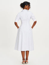 Load image into Gallery viewer, Palina Pinstripes Cotton Poplin Pleated Midi Preppy Shirt Dress
