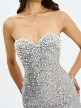 Load image into Gallery viewer, Noelle Silver Sequin Pearl-Embellished Sweetheart Maxi Dress
