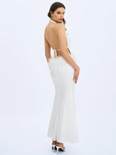 Load image into Gallery viewer, Solene Pleated Halter Backless Feather-Trim Maxi Dress
