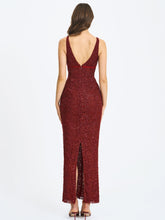 Load image into Gallery viewer, Elora Crimson Sequin Beaded Keyhole Maxi Dress
