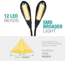 Load image into Gallery viewer, Super Adjustable Goosenecks Clip LED Lamp For Book Reading With Stand And Double Ligh  Rechargeable 12 LED Warm Book Light, Clip On Bed Reading Light, Music Stand Lamp, 2 Brightness &amp; 2 Goosenecks Light Up 2 Full Pages. Perfect For Bookworms, Kids &amp; Music
