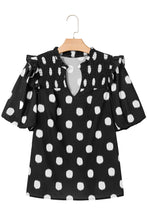 Load image into Gallery viewer, Black Polka Dot Print Smocked Notched Neck Balloon Sleeve Blouse
