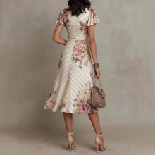 Load image into Gallery viewer, Ruffled Hem Maxi Dress – V-Neck Satin A-Line Color Block Dress
