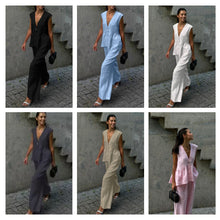 Load image into Gallery viewer, Women’s Cotton V-Neck Sleeveless Vest and Wide-Leg Pants Set
