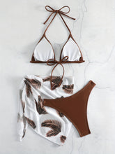 Load image into Gallery viewer, Feather Luxe 3-Piece Bikini Set – Exotic Feather Print Halter Neck Backless Swimsuit with High Cut Tie Back Bottoms and Wrap Cover-Up – Women’s High-Stretch Comfortable Swimwear for Summer Beach &amp; Pool Vacations
