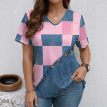 Load image into Gallery viewer, V-Neck Denim Print Short Sleeve T-Shirt | Loose Casual Tee
