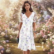 Load image into Gallery viewer, Women's Floral Lace Flounce Neckline High-Waist A-Line Midi Dress
