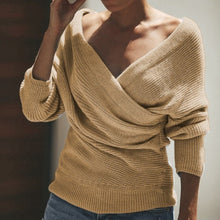 Load image into Gallery viewer, Women's Off-Shoulder Crossover Knit Sweater – Slim Fit Long Sleeve
