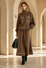 Load image into Gallery viewer, Women's Turtleneck Balloon-Sleeve Knit Top &amp; A-Line Midi Skirt Set with Contrast Topstitching
