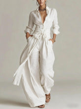 Load image into Gallery viewer, Women's Linen Long Sleeve Shirt &amp; High-Waist Wide-Leg Pants Set with Tie Belt
