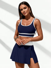 Load image into Gallery viewer, Women's Navy Contrast Tankini Set — Crop Top &amp; High-Waisted Skirt
