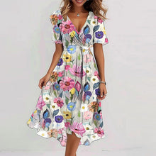 Load image into Gallery viewer, Floral Print A-Line Dress – V-Neck Short Sleeve Midi Dress
