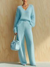 Load image into Gallery viewer, Women's Fluffy V-Neck Oversized Sweater &amp; Wide-Rib Wide-Leg Knit Trouser Set
