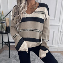 Load image into Gallery viewer, Women's French Vintage Striped Sweater | V-Neck Long Sleeve Stretch Knit Top
