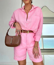 Load image into Gallery viewer, Women's Casual Long-Sleeve Shirt &amp; Shorts Set – Cotton 2-Piece
