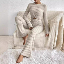Load image into Gallery viewer, Women's Twist-Front Crop Top &amp; Wide-Leg Ribbed Knit Set – 3 Colors
