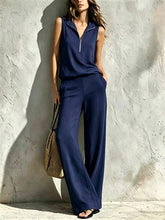 Load image into Gallery viewer, Women's Quarter-Zip Stand Collar Sleeveless Top &amp; Wide-Leg Pants Set

