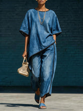 Load image into Gallery viewer, Women's Denim-Style Knit Top &amp; Wide-Leg Pants Set – Casual 2-Piece
