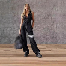 Load image into Gallery viewer, Women's Sporty Retro Lace-Up Striped Sleeveless Hooded Jumpsuit – Wide Flare Leg

