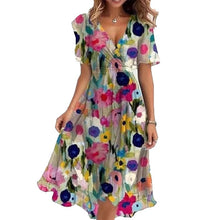 Load image into Gallery viewer, Floral Print A-Line Dress – V-Neck Short Sleeve Midi Dress
