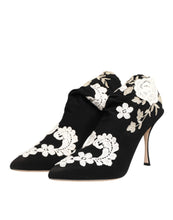 Load image into Gallery viewer, Dolce &amp; Gabbana Black White Embroidered Jersey Stiletto Boots Shoes
